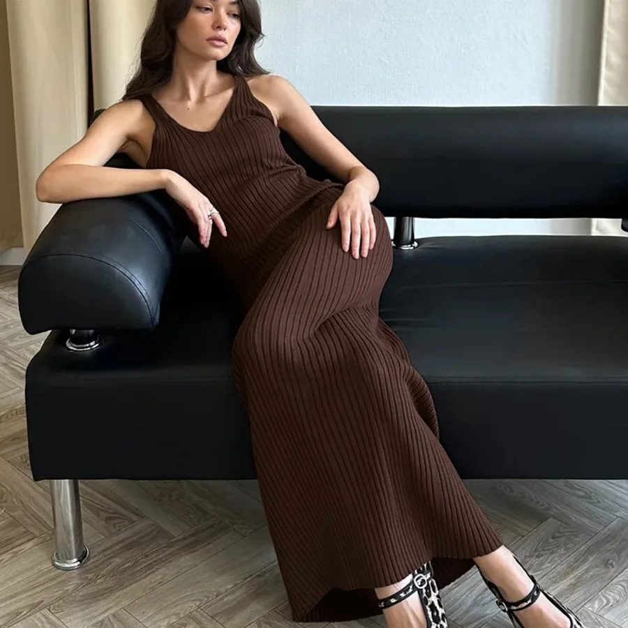 فستان محبوك ضيق للنساء، فستان أنيق طويل بدون أكمام برقبة على شكل V، ملابس داخلية بدون حمالات من البوليستر لفصول الربيع والصيف...