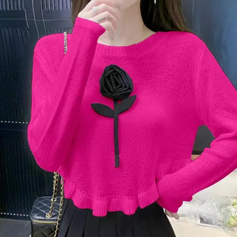 Korean Fashion Autumn Winter Sweaters Women\'s O-Neck Solid Floral Asymmetrical Casual Long Sleeve Loose Pullovers Knitted Tops