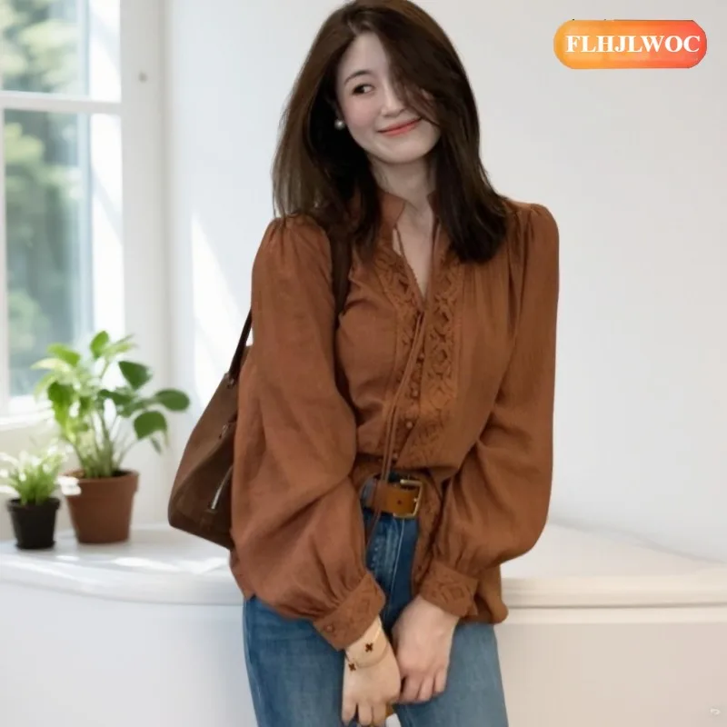 

Cotton Blends Retro Chic Bow Tie Tops Women Korean Style Design Long Sleeve Elegant Cute Ribbon Sweet Basic Lace Shirts Blouses