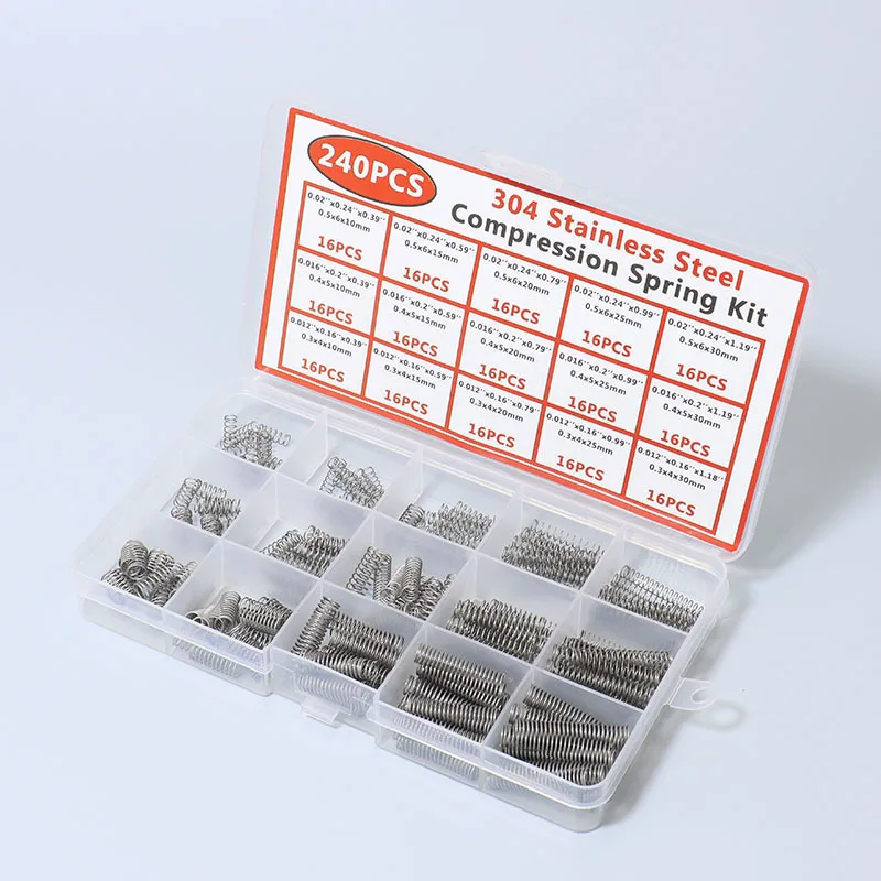 240PCS/box Compression Spring Assortment Kit 304 Stainless Steel with 15 Sizes Small Springs for Mechanical Repairs DIY Projects