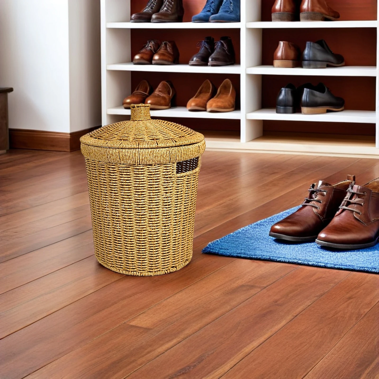 

Круглая корзина для мусора из искусственного ротанга с крышкой, плетеный мусорный бак ручной работы для ванной комнаты, кухни, офиса, спальни, гладкая поверхность