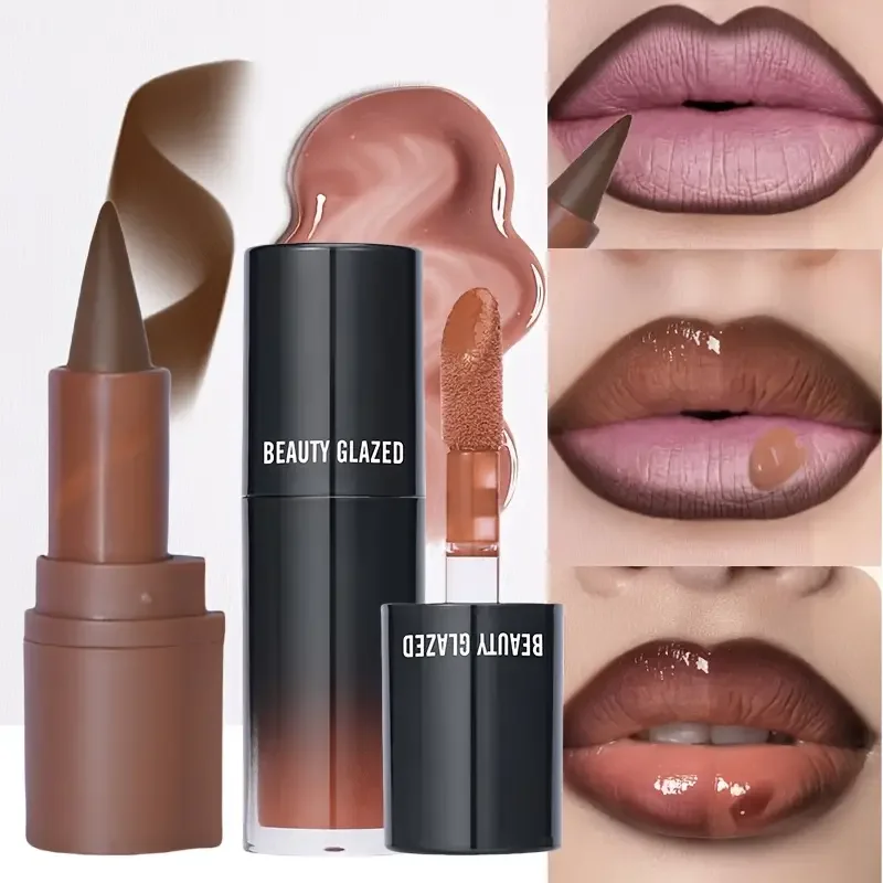 Combo de brillo de labios hidratante y delineador marrón para mujer, efecto hidratante y relleno, 2 colores, combinación de delineador de labios