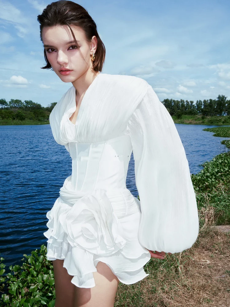 Luz de luxo cetim magro vestido de baile vestidos primavera feminino mangas compridas com decote em v vestido em camadas novo verão cintura alta zíper mini vestido