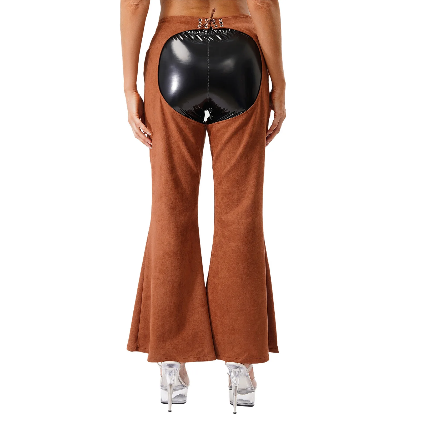 Womens Vintage Western Cowgirl Chaps Pants Adjustable Waist Hollow Out Cowboy Riding Motorcycle Biker Pants Wide Leg Long Pants