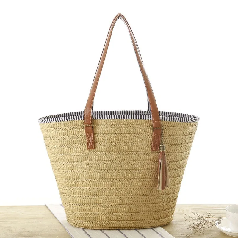 Simple Shoulder Woven Bag Fashionable Women Large Cotton Crochet Beach Travel Handbag Straw Woven Tote Bag for Travel