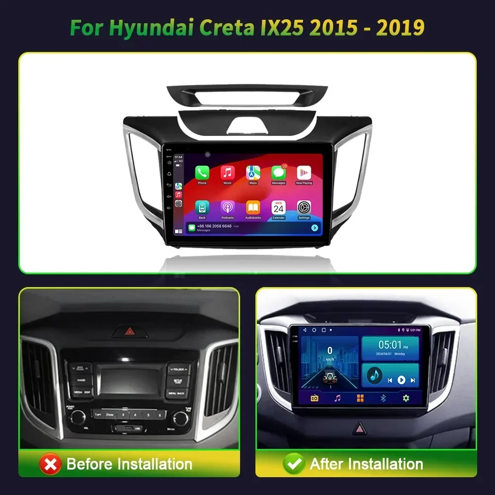 For Hyundai Creta IX25 2015-2019 Car Radio Multimedia Navigation Wireless Carplay Android 13 Screen Stereo Console