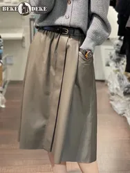 Elegant Women Soft Genuine Leather Mid Skirt Belted Elastic Waist Loose Fit A Line Office Ladies Autumn Real Sheepskin Skirts