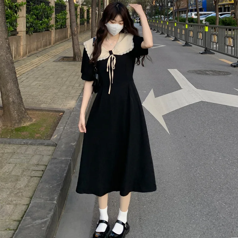 

plus Size Summer Dr Slimming Waist Doll Collar Concealing Flattering Korean Sle High Waist Long A-Line Skirt Dr