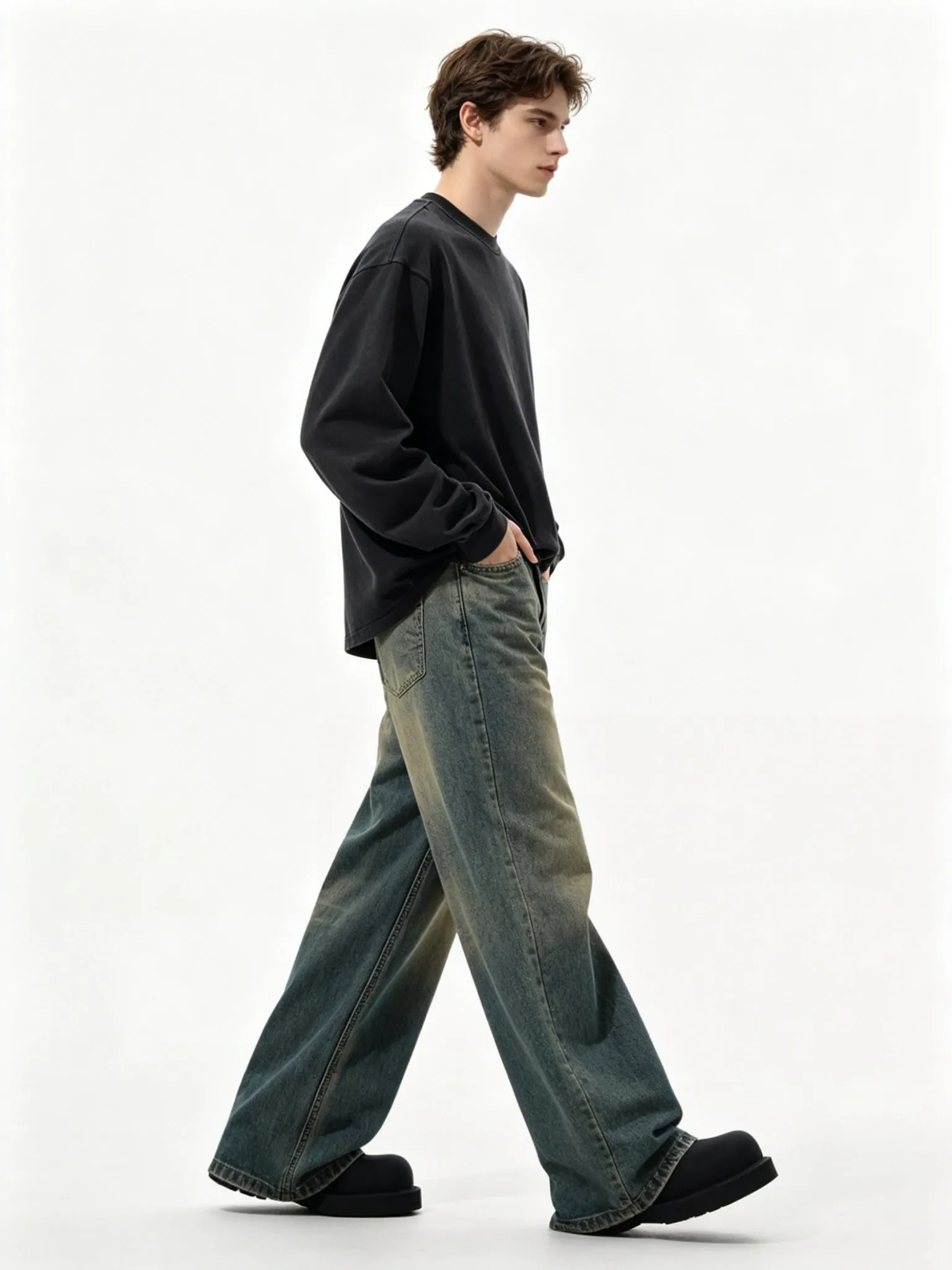 【HME】Men's Jeans | Vintage Washed Denim Pants, Retro Mud Dye Baggy Wide Leg Men Denim Jeans, Heavyweight Full‑Length Trousers, Five‑Pocket Design For Street Hip‑Hop Daily Male Outfits