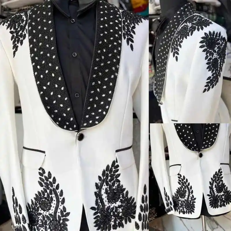 

Elegant Men Suits Beaded Diamond Appliques Shawl Lapel Wedding Groom Tuxedo Male Prom Customized trajes para hombre