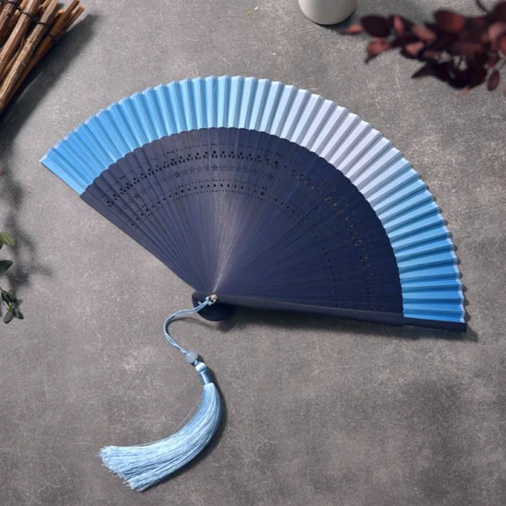 New Carved Bamboo Folding Fan Gradient Color Collapsible Fan with Silky Tassel for Summer Cooling Traditional Outfit Accessory