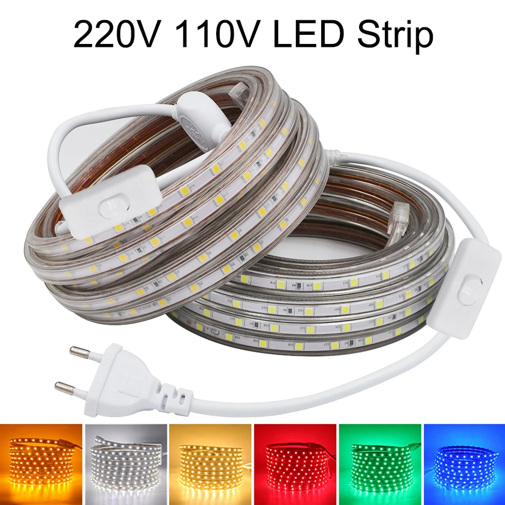 220V 110V LED pasek światła z wtyczką przełącznika 5050 60LED/m elastyczny taśma LED wodoodporny wstęga LED ciepły biały niebieski różowy czerwony