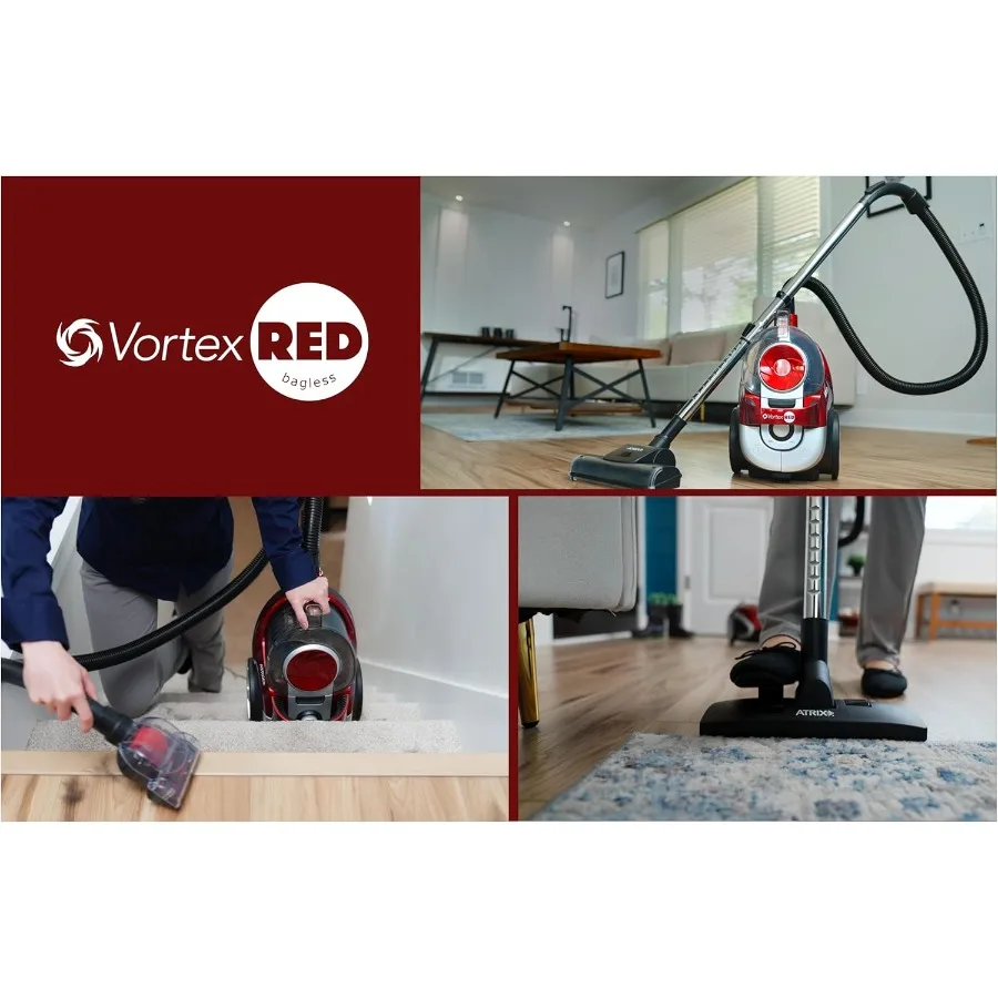 Vortex Red Bagless HEPA Canister Vacuum for Home Use with Red Color and Advanced Filtration System
