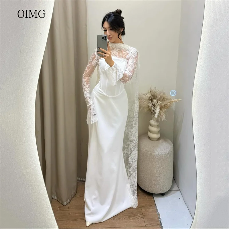 

OIMG Elegant Lace High Neck Mermaid Wedding Dress Long Sleeves Cap Bride Dresses Floor Length Wedding Gowns Customized