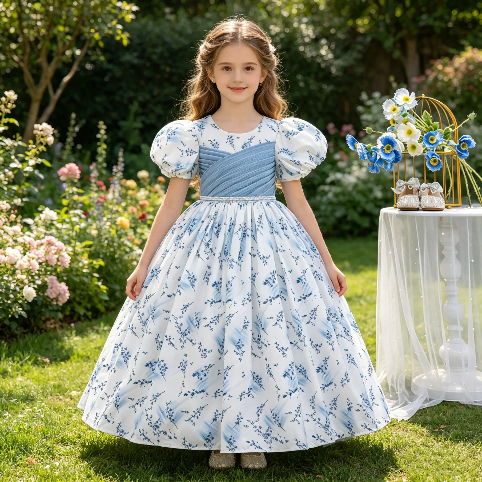 High-end printed children's dress birthday chiffon banquet dress puff sleeves girl's long dress suitable for girls aged 4-12 yea