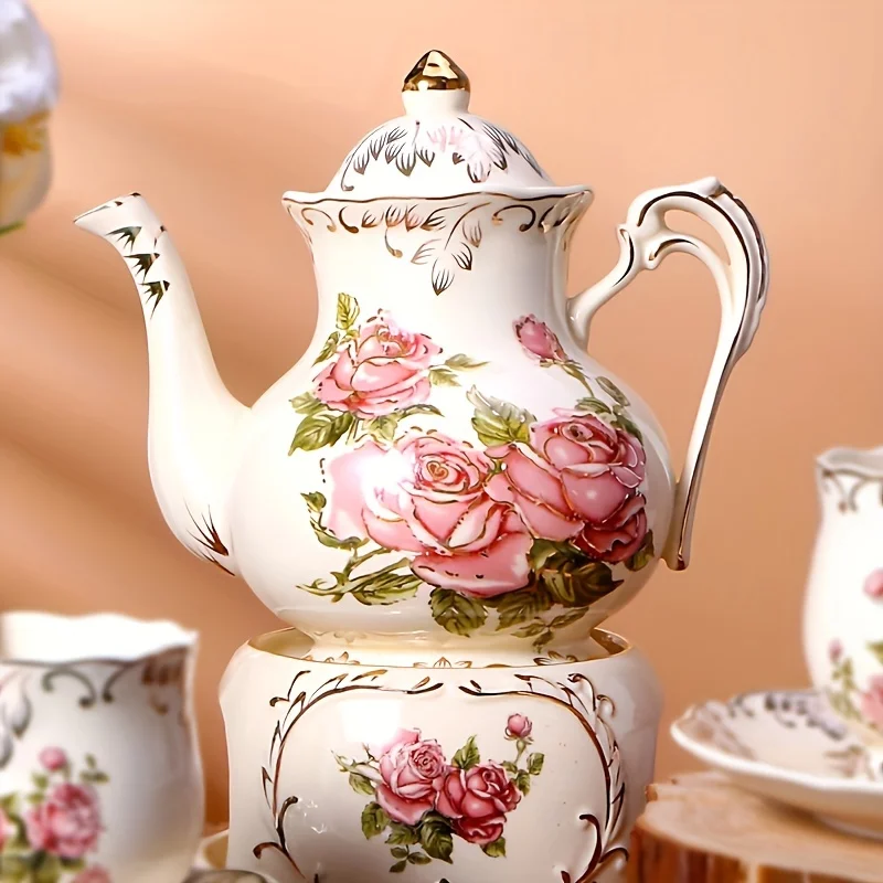 

Vintage Floral Ceramic Tea Pot, 28oz Ivory Porcelain Teapot with Rose Pattern, Decorative Kitchenware, Perfect for Home & Dining