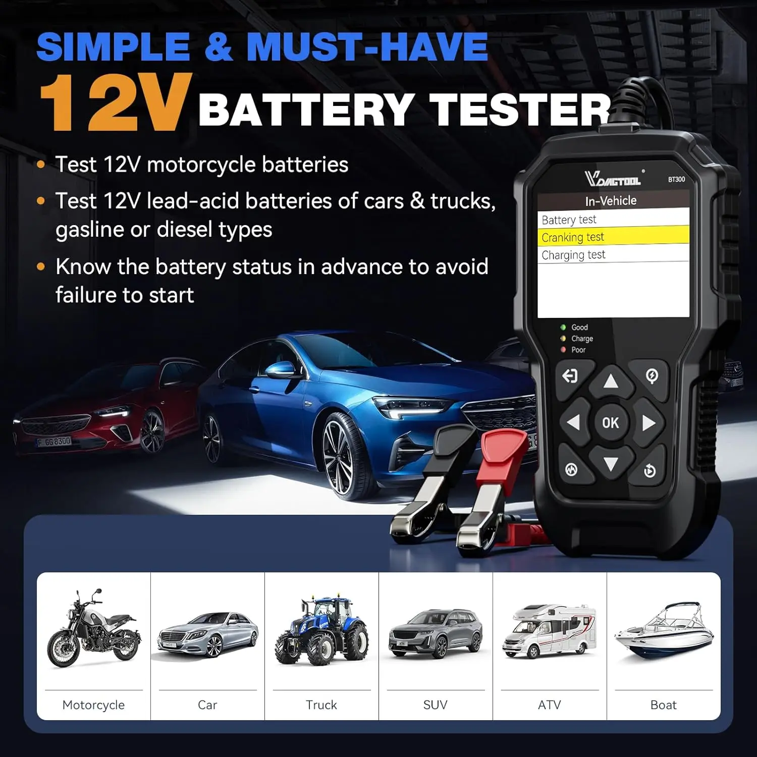 VDIAGTOOL BT300 5-3000 CCA  Car Battery Tester 6V 12V Automotive Charging Cranking Scanner Tools for Motorcycle Car Truck SUV