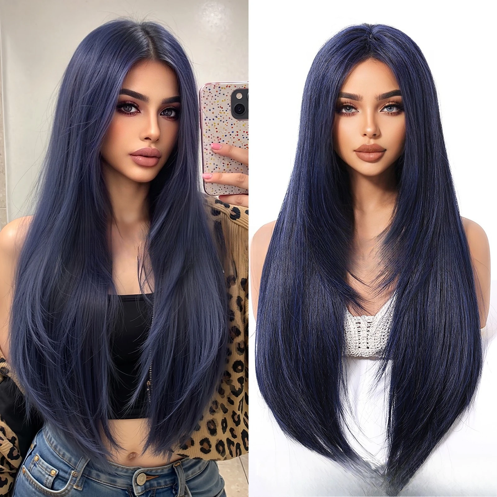 

New dark blue wig 26 inches medium length bangs high level straight hair full headgear holiday cos