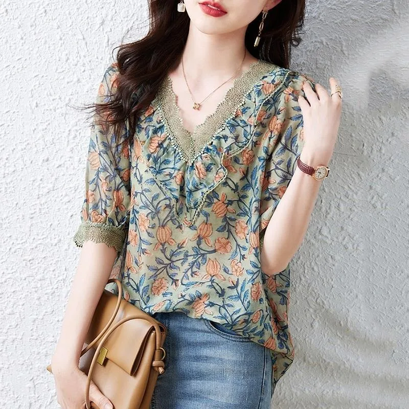 

Loose Women's Clothing Commute Shirt Elegant V-Neck Lace Printed Ruffles Puff Sleeve Oversized Chiffon Blouse Summer Casual Tops