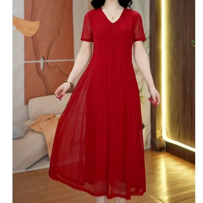 Vestido midi de gasa para mujer, cuello en V, manga corta, detalle de pedrería, cintura alta, corte en A, elegante, para fiesta.