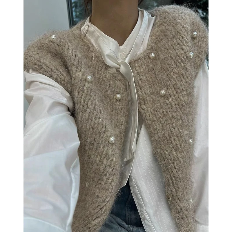 Chique outono inverno colete de malha pesado embelezado redondo ne solto outerwear feminino facionable commute sle sem marca