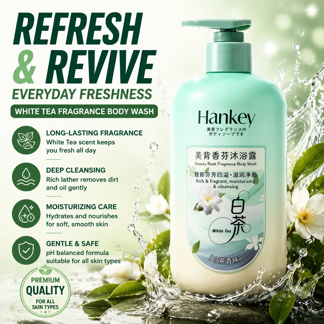 White Tea Beauty Back Fragrance Shower Gel for Cleaning, Moisturizing, Moisturizing, and Long lasting Fragrance Retention