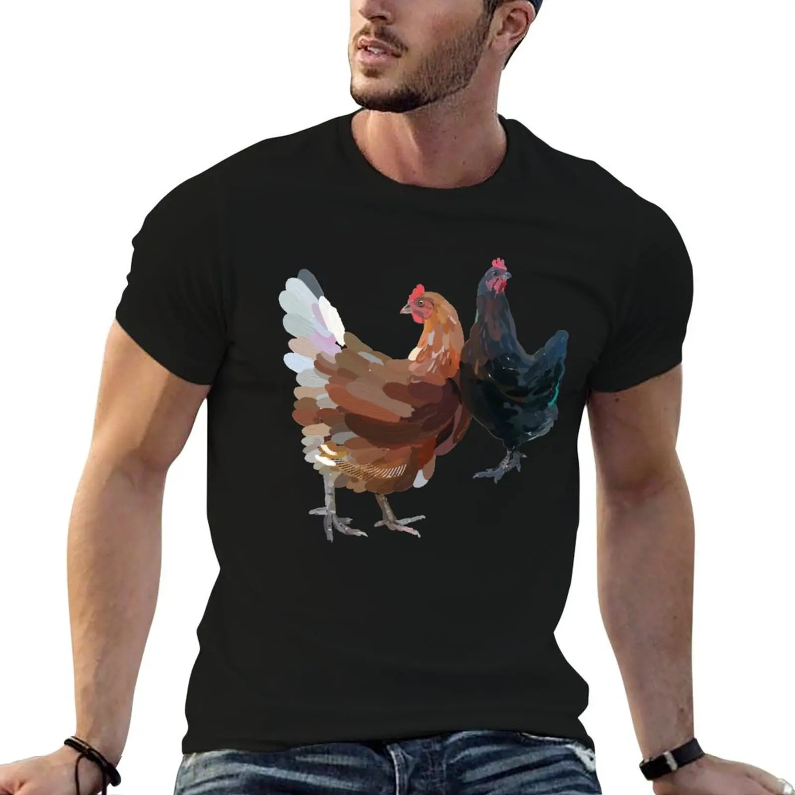 

2 hand illustrated Chickens T-Shirt black cotton t-shirt plain for man package man t shirts for men casual T-Shirt