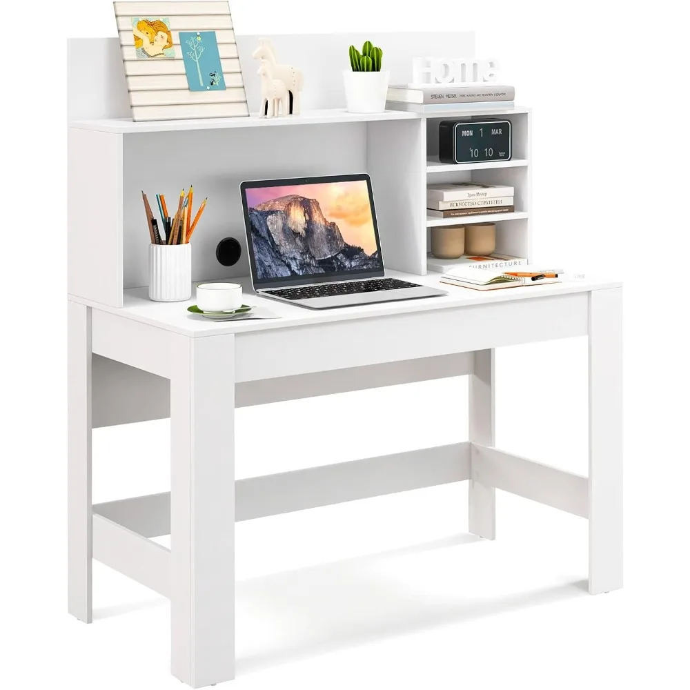 

White office desk, home desk with bookshelf, computer workstation, PC laptop desk, with anti tipping device