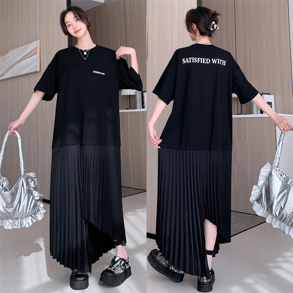 NYFS حجم كبير فستان نسائي فضفاض صيف 2025 النمط الكوري قصيرة الأكمام طباعة فستان طويل رداء Elbise