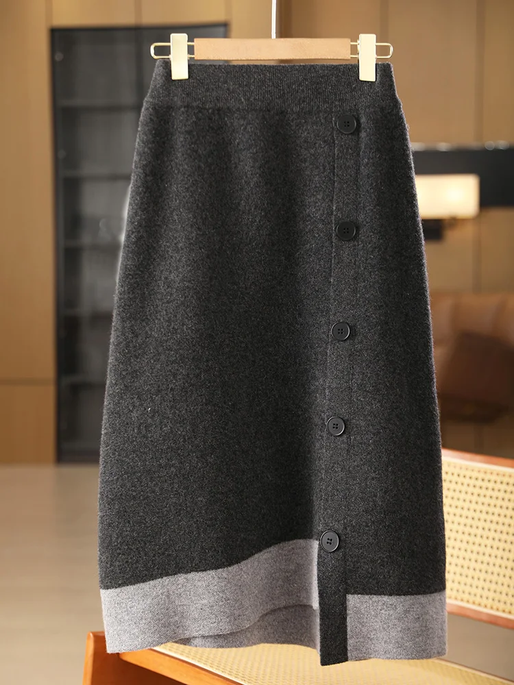 

Women Autumn Winter Casual Loose 100% Merino Wool Knitted Half-Length Skirt Fashion Color-matching Soft Comfortable Button