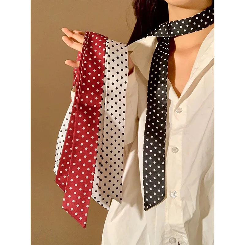 MEXZT Women Narrow Long Scarf Polka Dot Tie Bag Ribbon Headband Choker Streamer Lady Accessories