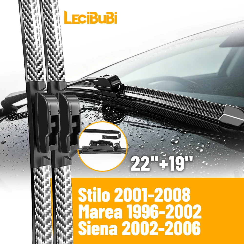 2 Peças de Limpadores de Para-brisa Dianteiro para Fiat Stilo Marea Siena, Escovas de Borracha em Fibra de Carbono, Acessórios para Carro 22"+19"