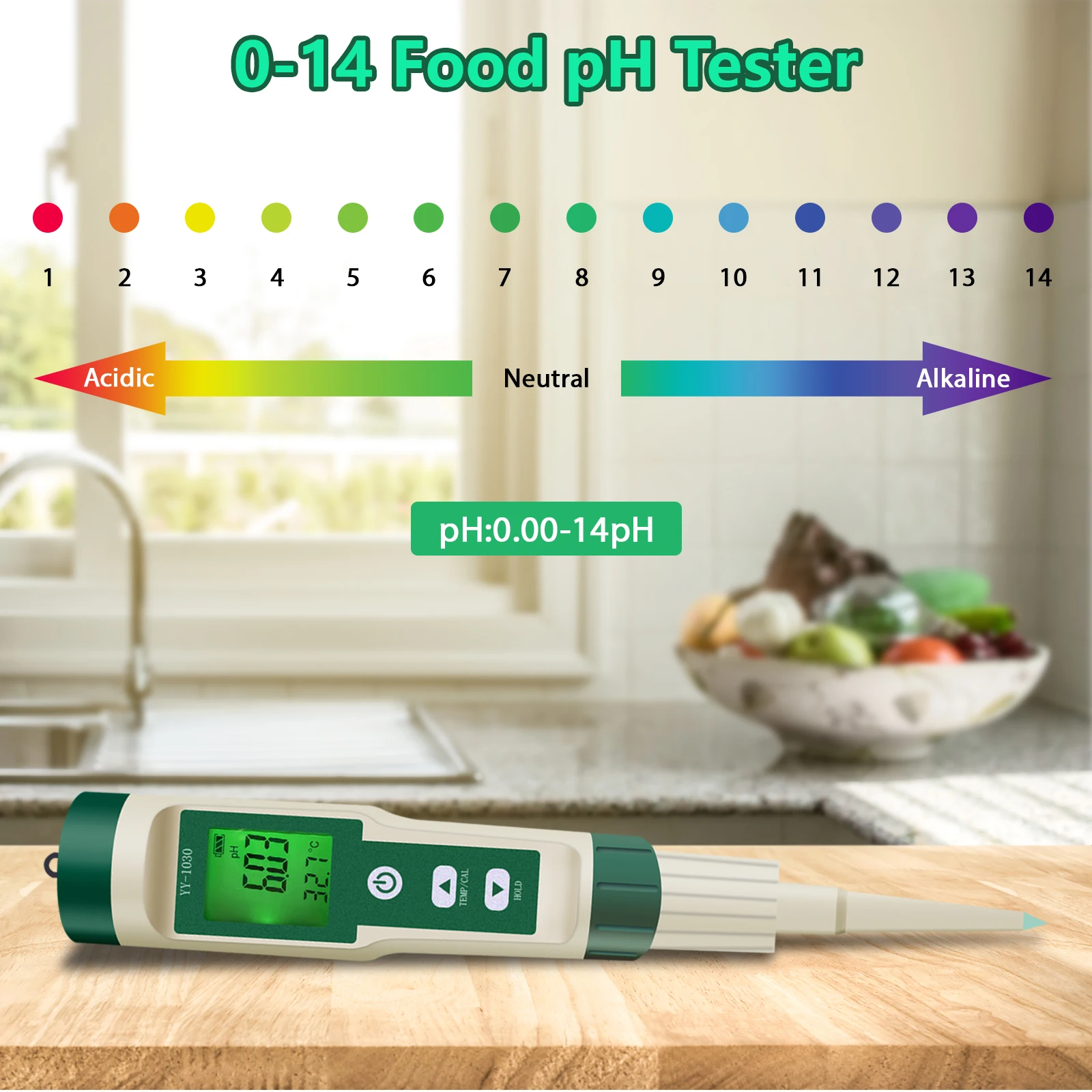 YY1030 PH Tester Dough Alkalinity Meter Fruit Cheese Cosmetics Food PH Meter 0.00-14.00 Soil Matrix PH Detector Temperature