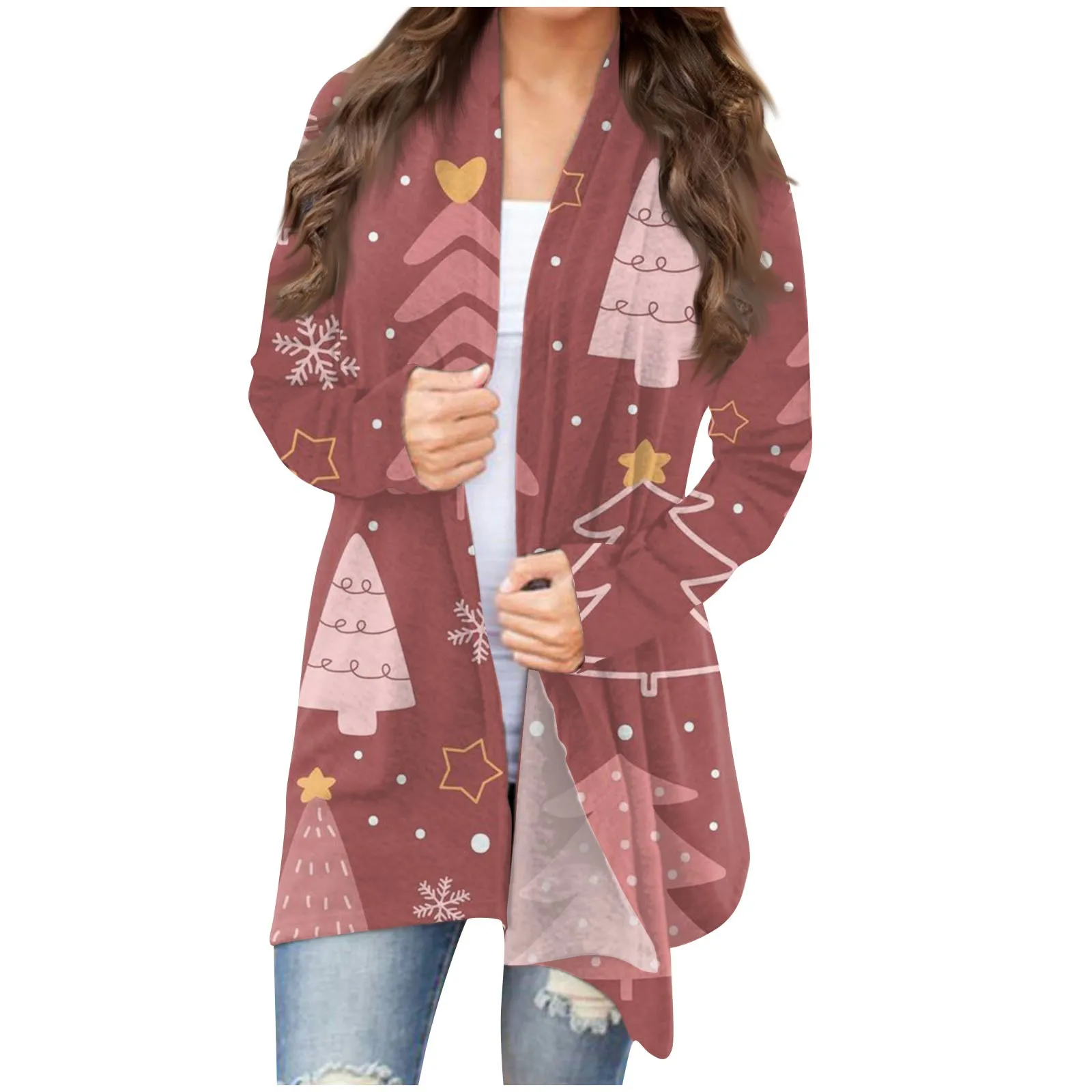 

Women's Clothing Autumn Winter Fashion Cartoon Print Christmas Outewear Cardigan Jacket Casual Irregular Long Sleeve Tunic Coats