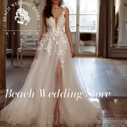 Beach Customized Sexy 3D Flowers Front Silt Applique Sweep Train A-Line V-Neck Fairy Garden Wedding Dress robes invitée maria