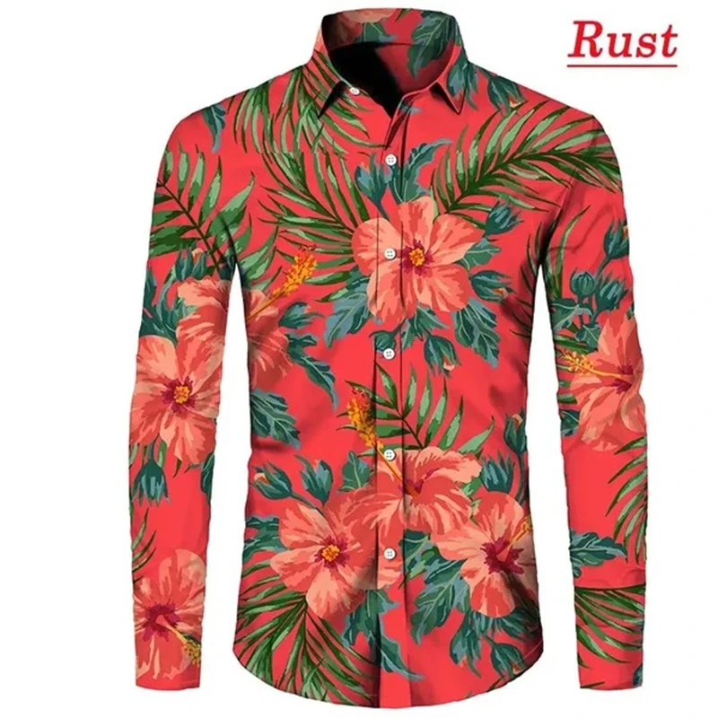 Men\'s Casual Shirt Hot New Arrival Flower Print Long Sleeve Button Lapel Shirts Male Fashion Plus Size Beach Holiday Shirt Top