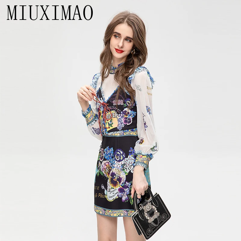 MIUXIMAO 2023 High Quality Spring&Summer Elegant Dress Long Sleeve Stand Chiffon Print Fashion Mini Dress Women Vestides