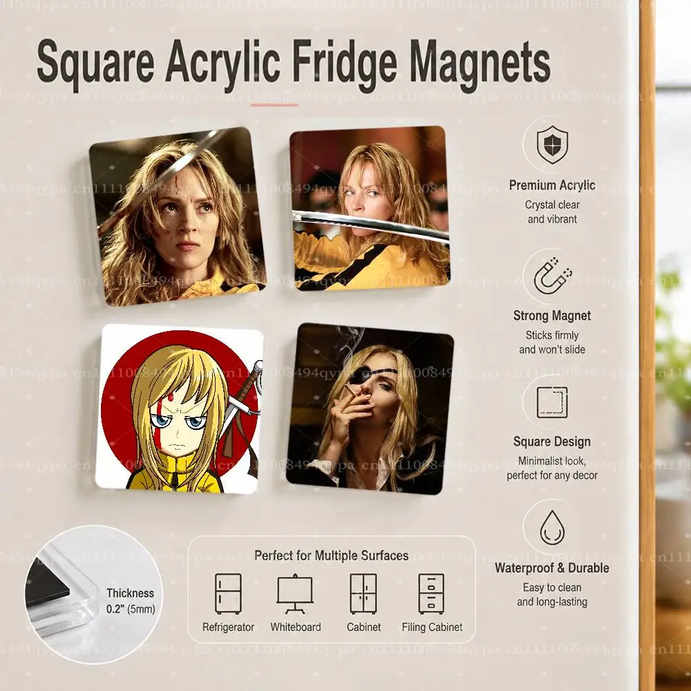 K-Kill Bill Movie Square Fridge Magnet Custom Printed Magnetic Sticker, Kitchen Refrigerator Decor Travel Souvenir Gift