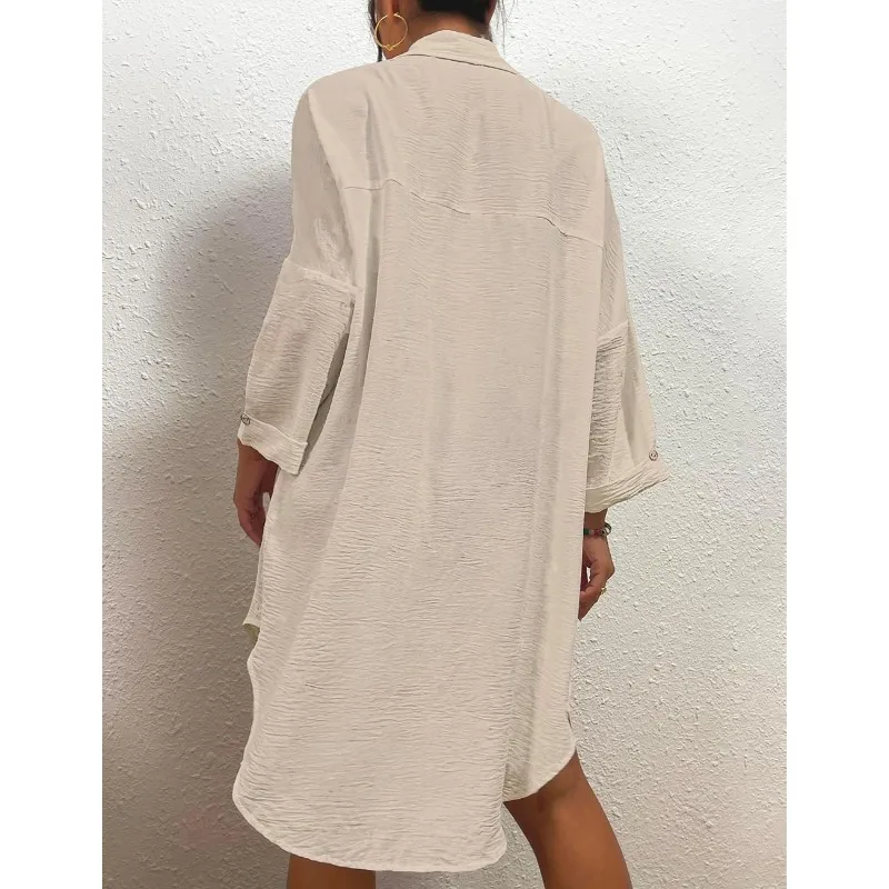 템퍼먼트 솔리드 컬러 비치 커버업 여성용 심플 긴팔 싱글 브레스티드 수영복 커버업 2025 신상 캐주얼 셔츠 드레스
