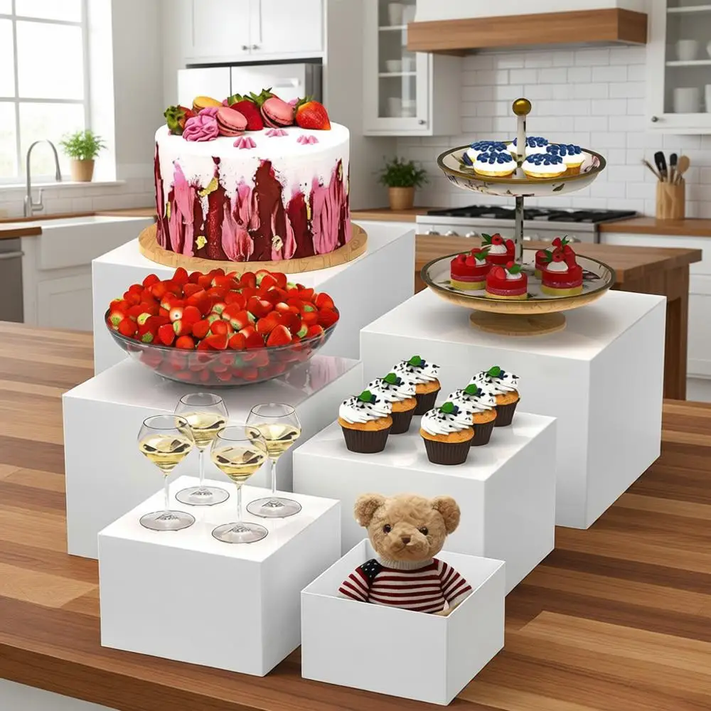 

6-Piece Large Food Risers, Display Stands for Party, Catering, and Collectibles, White Acrylic Nesting Boxes (10, 9, 8, 7, 6, 5)