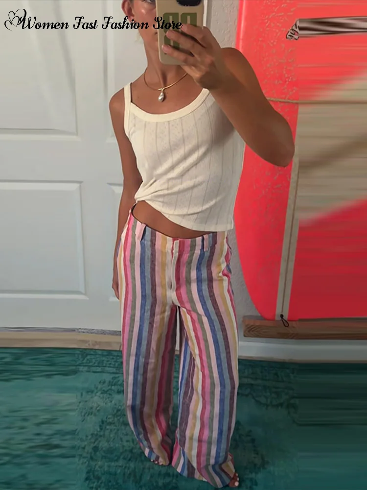 Colorful Striped Long Trousers 2026 Summer New Female Bohemian Style Contrast Color Wide Leg Casual Pants Women's Loose Outwear