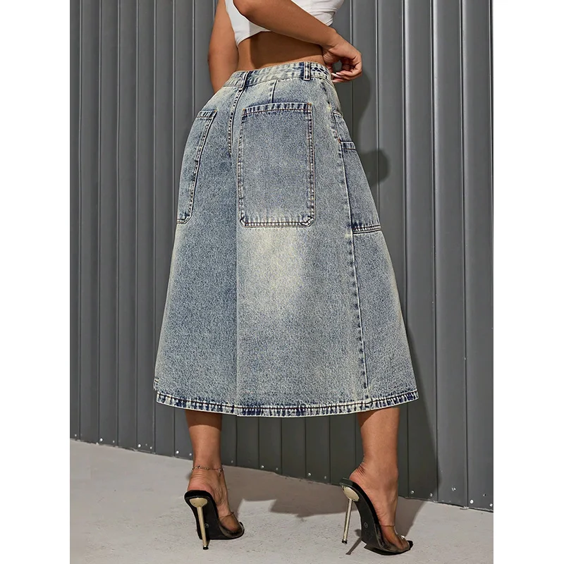 Benuynffy 2000s Streetwear Baggy Wide Leg Jeans Women Summer American Retro Mid Waisted Pockets Casual Female Denim Capri Pants