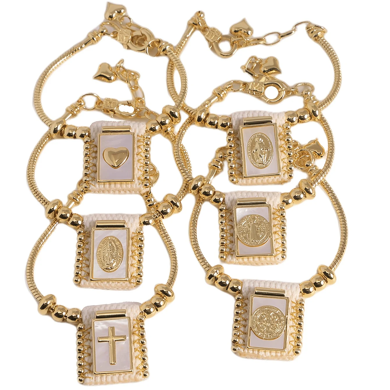 5 قطع مجوهرات كاثوليكية دينية مطلية بالذهب سحر سان بينيتو الصليب يسوع مريم العذراء أم اللؤلؤ شل قلادة أساور