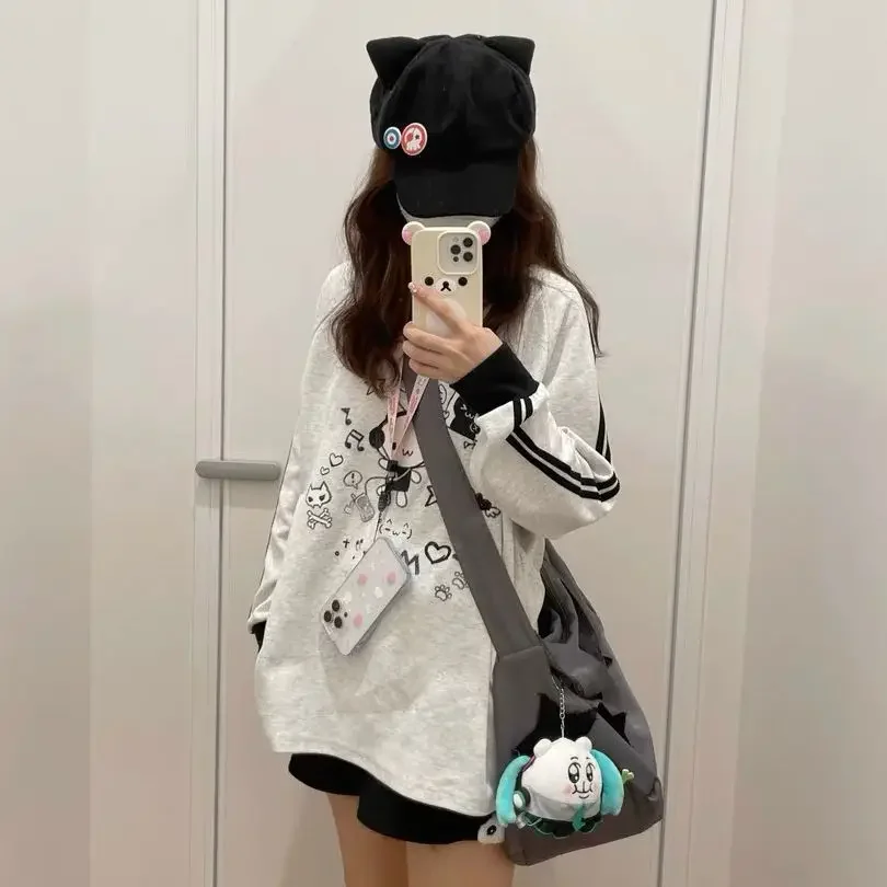 Patch Striped Long Sleeve Hoodies Preppy Style Japan Y2K Funny Cat Print Anime Sweatshirt Pullover Loose Harajuku Teens Clothing