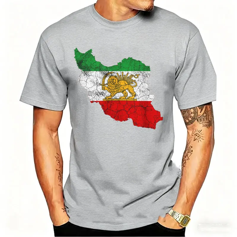 

Distressed Iran Map Lion & Sun T-Shirt Men's Vintage Persian Heritage Emblem Top for Iranian Culture Patriots & History Lovers