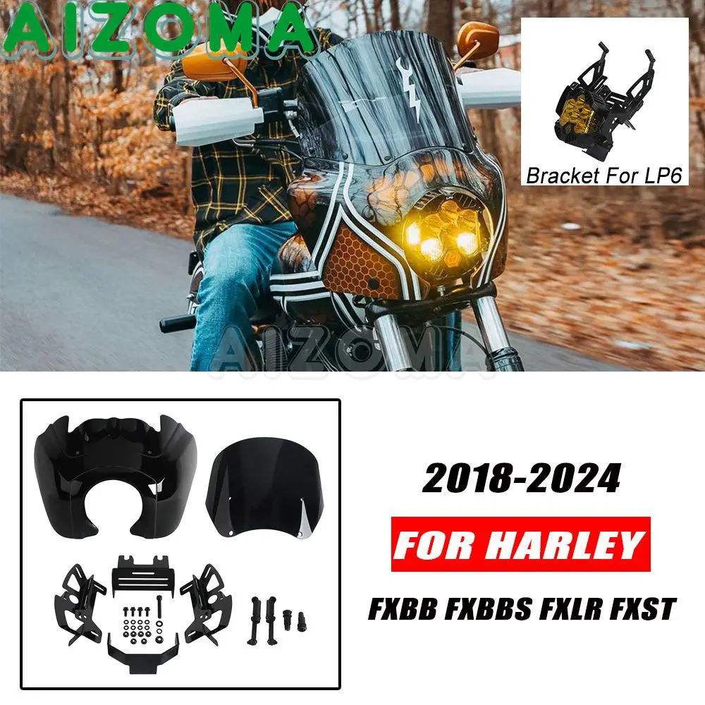 Club Style Fairing Motorbike 9" 12" 15" Windscreen For Harley Softail FXBB FXBBS FXLR FXST For Baja Design LP6 Headlight Bracket