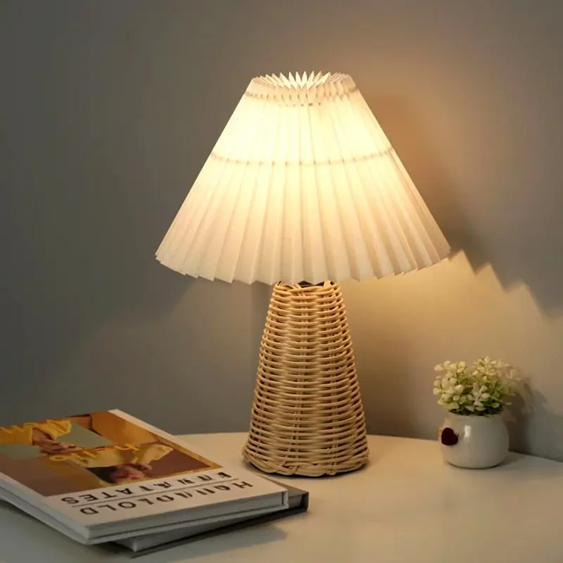 Vintage Pleated Desk Lamp Creative Rattan Night Light Study Decoration Bedroom Bedside Atmosphere Lighting