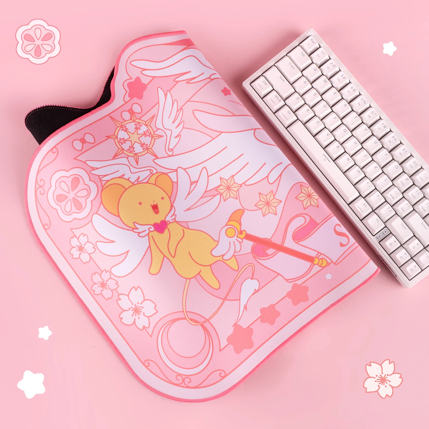 Pink Computer Gaming Mouse Pad - Cute Sakura Pattern Star Wings Non-Slip Desk Mat for Keyboard & Mouse (795x415mm)