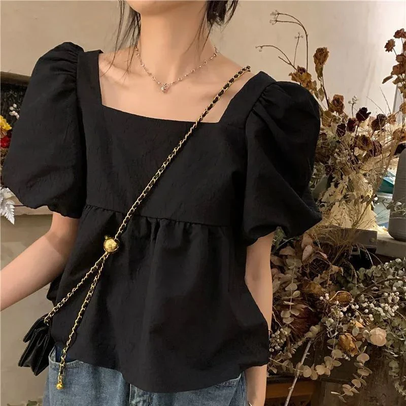 Sweet Women T Shirt French Square Collar Puff Sleeve Chic Simple Crop Tops Summer New Fashion All Match Solid Female Blouse