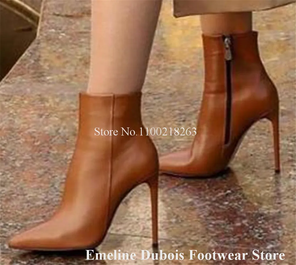 Women Classical Style Short Boots Emeline Dubois Pointed Toe Brown Black White Matte Leather Stiletto Heel Ankle Booties